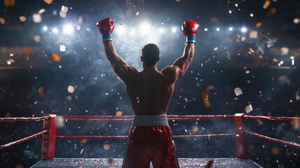 Victorious boxer with raised arms in boxing ring, backlit by stadium lights with confetti falling. Dramatic victory moment captures the raw emotion of sporting triumph