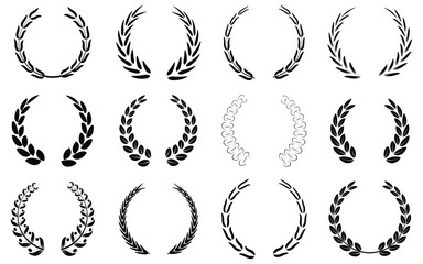 Set of circular laurel wreath. Emblem floral Greek branch of oak leaves, eucalyptus leaf, Wheat, winner award, champion medal, swirls, twigs and flower ornaments vector.