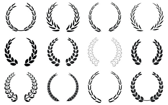 Set of circular laurel wreath. Emblem floral Greek branch of oak leaves, eucalyptus leaf, Wheat, winner award, champion medal, swirls, twigs and flower ornaments vector.