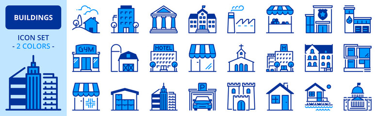 Icons in two colors about buildings. Architecture