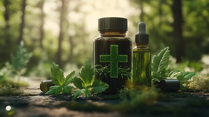 A sleek first aid kit with a cross made of green vines, displayed with essential oils and medicinal plants, Medicine and herbs