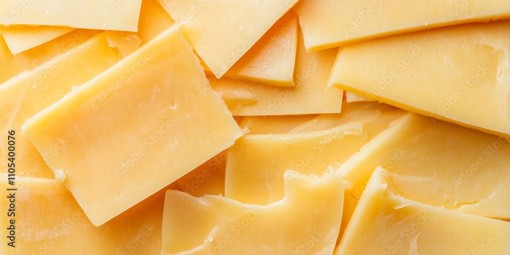 Poster cheddar cheese slices arranged neatly against a clean white background, showcasing the rich color an