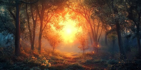 Enchanting fantasy landscape featuring a vibrant sunrise illuminating a serene forest setting, showcasing the beauty of a woodland fantasy landscape.