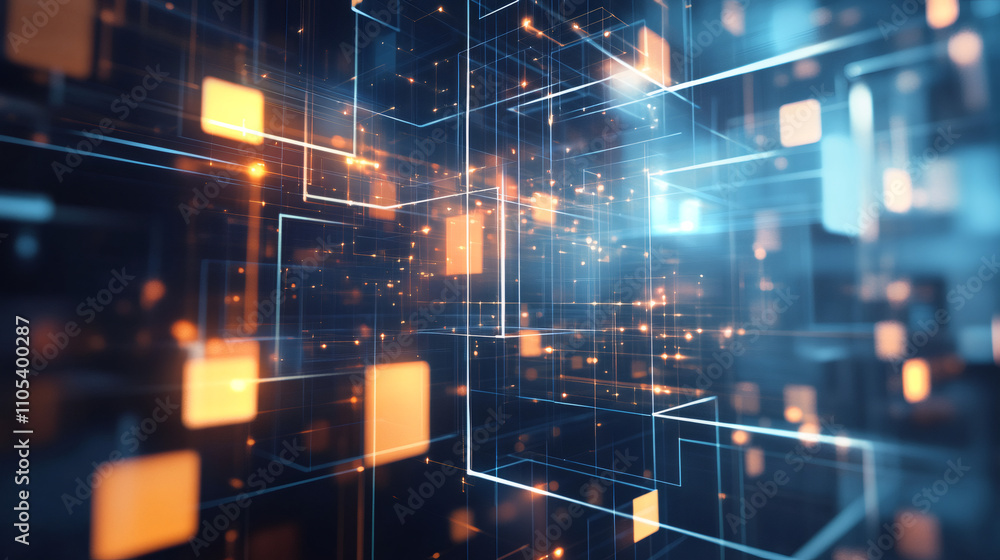 Poster Futuristic glowing cubes and connecting lines technology background, perfect for websites and presentations