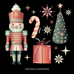 Christmas set with Nutcracker soldier, Christmas tree, candy cane, gifts, snowflake, Christmas toy, retro toy, star, vector illustration