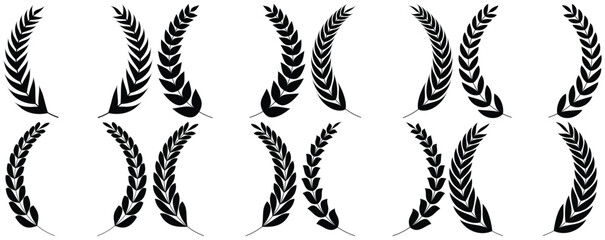 Set of circular laurel wreath. Emblem floral Greek branch of oak leaves, eucalyptus leaf, Wheat, winner award, champion medal, swirls, twigs and flower ornaments vector.