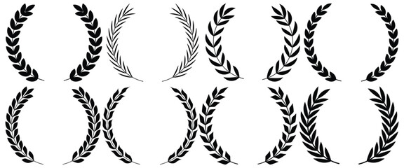 Set of circular laurel wreath. Emblem floral Greek branch of oak leaves, eucalyptus leaf, Wheat, winner award, champion medal, swirls, twigs and flower ornaments vector.