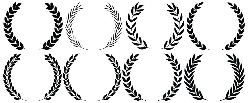 Set of circular laurel wreath. Emblem floral Greek branch of oak leaves, eucalyptus leaf, Wheat, winner award, champion medal, swirls, twigs and flower ornaments vector.