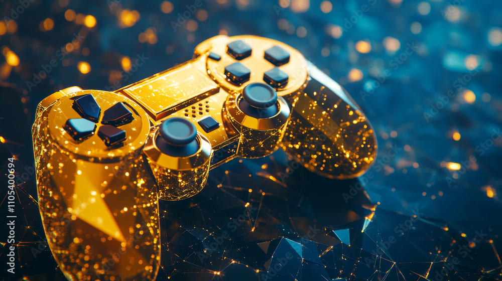 Poster joystick. low poly wireframe illustration of computer games in gold style. polygonal vector image in