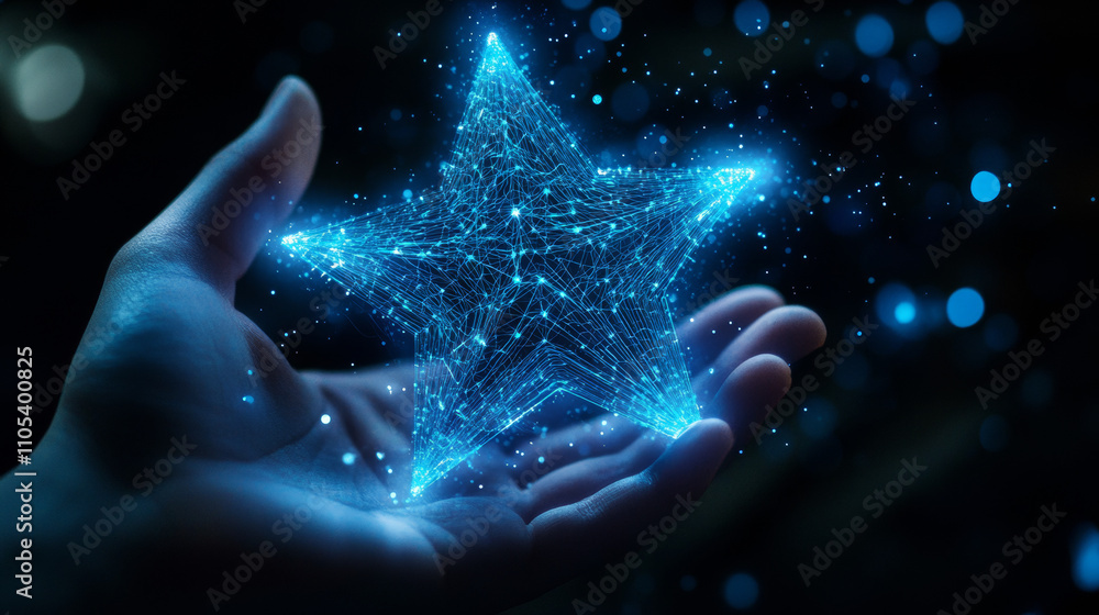 Poster digital star in abstract hand. success concept. low poly wireframe vector illustration with 3d effec