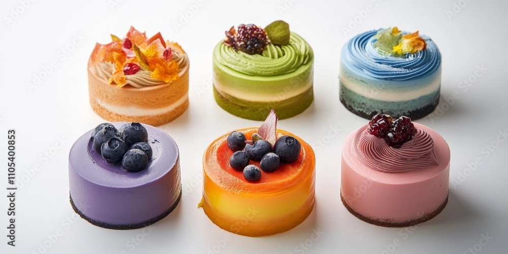 Aufkleber Artfully crafted glazed mousse cakes in an array of unique designs showcased on a clean white background. These glazed mousse cakes delight with their colorful presentation and textures.