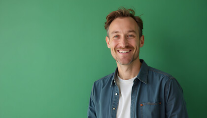 Fototapeta premium Portrait of a smiling middle-aged man in a casual outfit against a green background