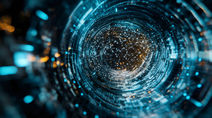 Obraz premium Abstract digital tunnel with rotating glowing particles and network connections, symbolizing data transmission and futuristic technology