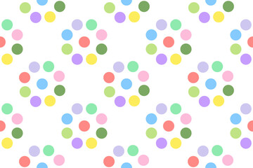 Seamless pattern of pastel-colored circular floral shapes on a white background, perfect for design projects.