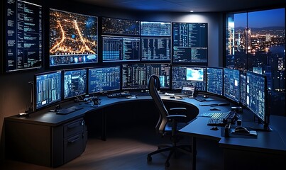 High-tech control room with multiple monitors displaying data, maps, and analytics, symbolizing surveillance, technology, and security operations, Generative Ai
