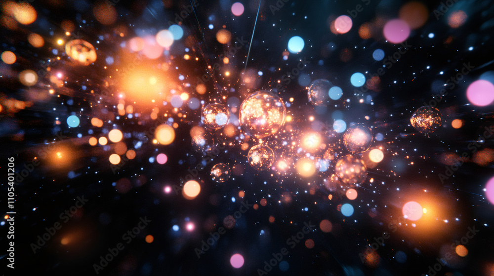 Poster vibrant bokeh lights and glowing spheres on abstract background evoke a joyful and festive mood