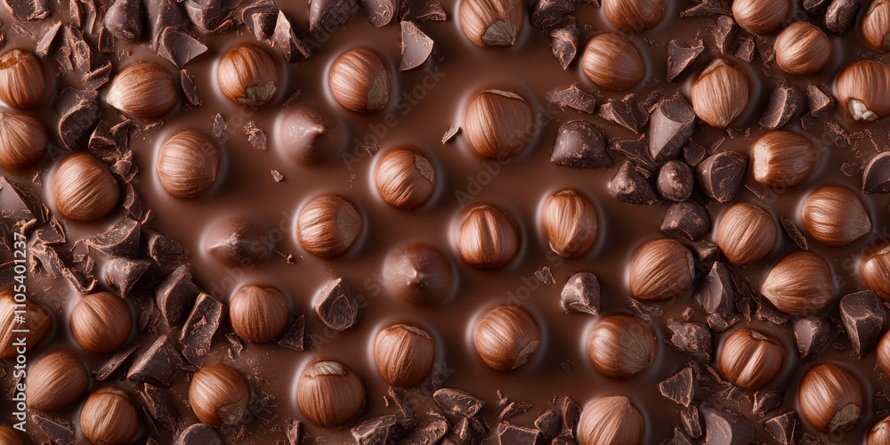 Poster textured background featuring milk chocolate and hazelnuts, showcasing a mouth watering food and dri