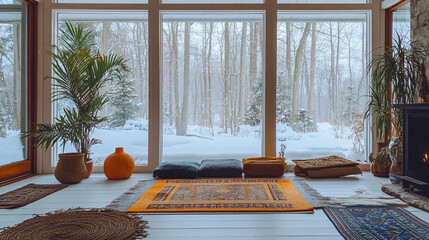 A winter wellness retreat offering a peaceful space for individuals to relax, meditate, and focus on mental health, promoting self-care and personal well-being during the colder months.