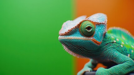 Obraz premium An exotic pet like a chameleon blending into its surroundings, with a green screen background for unique visuals