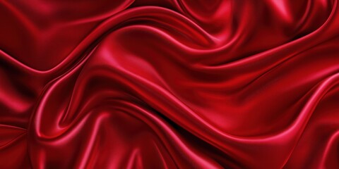Obraz premium Closeup view of smooth red silk satin textile. Luxurious flowing red silk drape material. Elegant texture of luxurious fabric. Red silk fabric backdrop. Smooth satin textile surface.