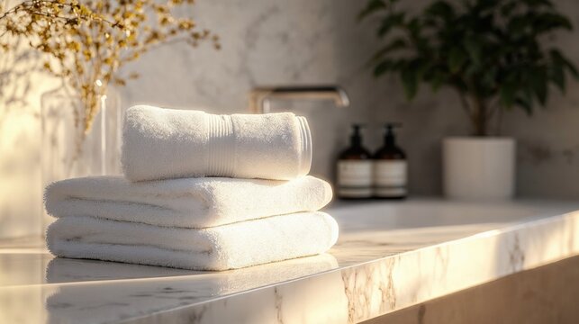 Luxurious white towels stacked on marble counter with warm sunlight. Elegant bathroom setting with decorative elements and spa accessories. Perfect for hotel, spa and wellness lifestyle content