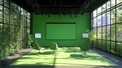 An interactive virtual classroom setup, framed by a clean green screen for customizable experiences