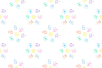 Seamless pattern of multicolored spiral floral shapes on a white background, ideal for design projects.