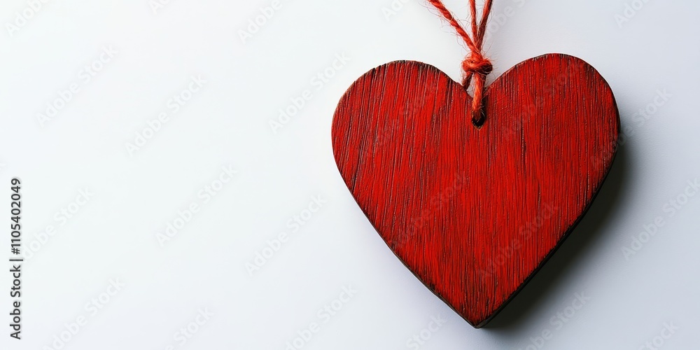 Poster Red wooden heart with string set against a white background, creating a vibrant contrast this red wooden heart symbolizes love and affection in a simple yet striking design.