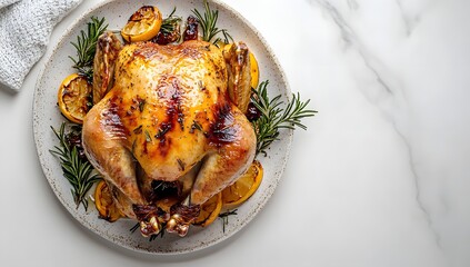 Roasted chicken garnished with lemon and rosemary, a delicious and visually appealing dish.