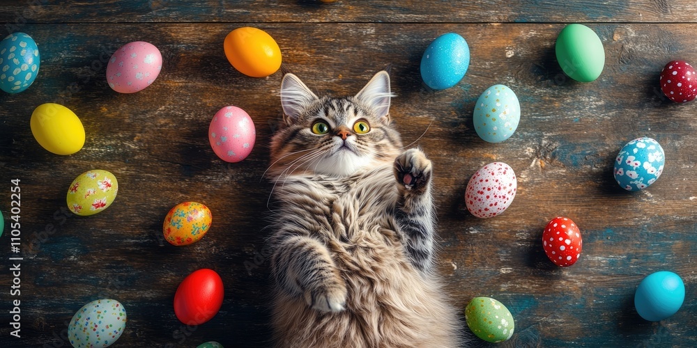 Poster easter bunny cat surrounded by vibrant easter colored eggs on a rustic wooden background in a flat l