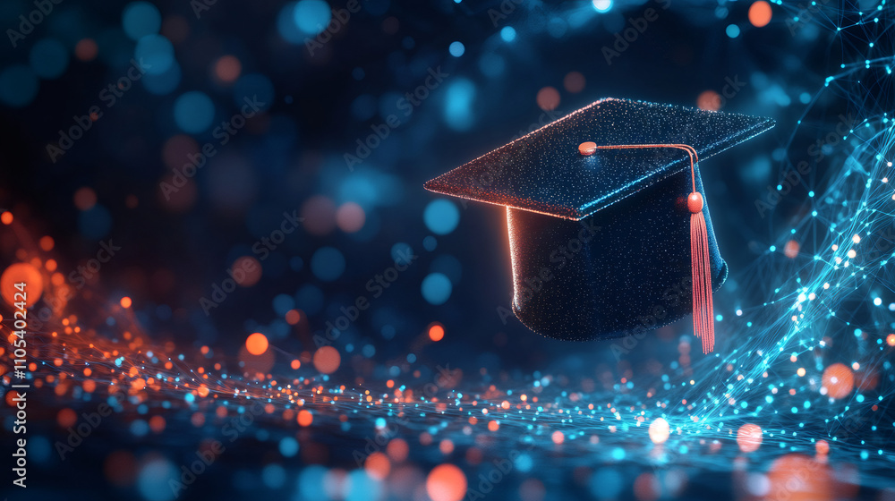 Poster digital particle graduation cap hovering over a web of connections symbolizing the shift to online e