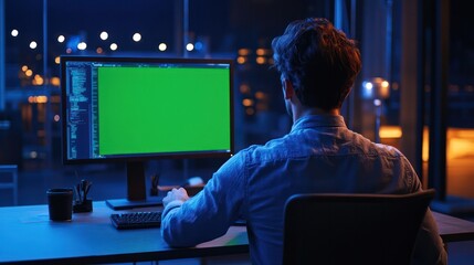 cinematic right side over the shoulder portrait at 45 degree angle of a system analyst working at desk in industrial corporate building, day time lighting,