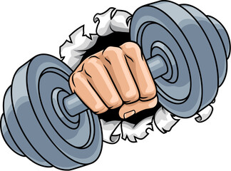 A cartoon fist hand holding weight lifting dumbbell gym illustration.