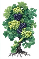 Obraz premium Green leafy vegetables, grapes form tree-like arrangement. Green, dark purple grapes cluster together on stems resemble branches. Leaves, vibrant. Root system visible at base of structure. Healthy
