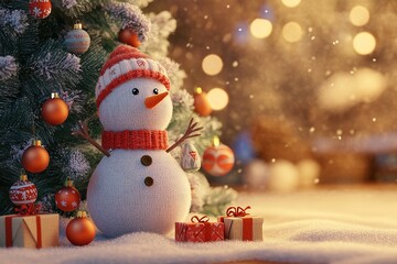 Christmas scene a wool snowman standing next to a felt Christmas tree, felt art style with bright holiday colors, christmas card for greeting