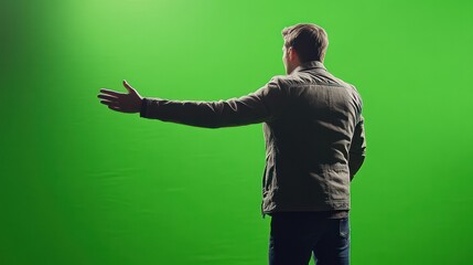 Person extending hand, looking from behind, looking up, full body photo with green screen background. Default lighting"