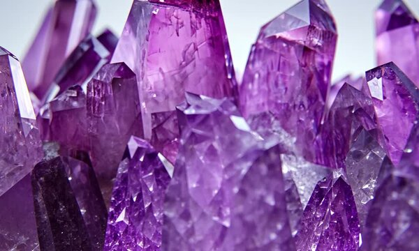 Stunning purple amethyst crystal cluster on white background