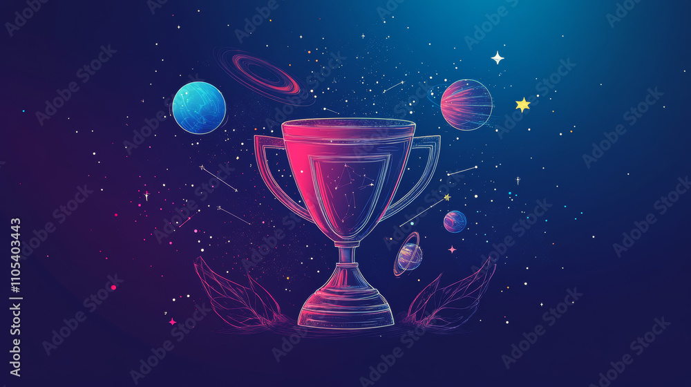 Poster abstract image of a champion cup in the form of a starry sky or space, consisting of points, lines, 