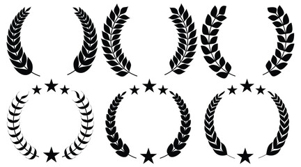 Set of circular laurel wreath. Emblem floral Greek branch of oak leaves, eucalyptus leaf, Wheat, winner award, champion medal, swirls, twigs and flower ornaments vector.