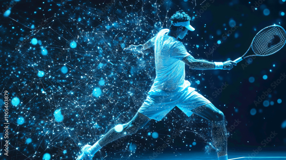 Poster abstract tennis player in motion with cybernetic particles. blue triangle thin line mesh spheres. fu