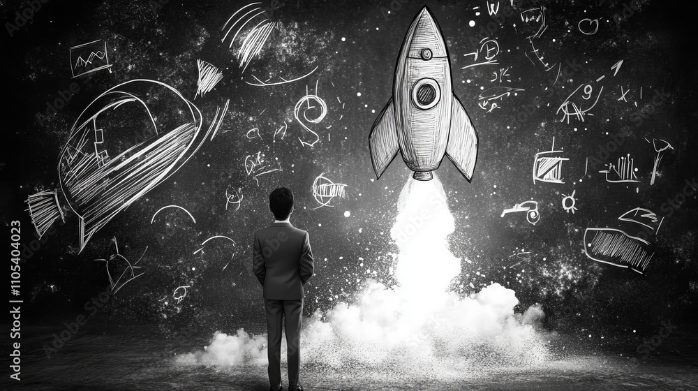 Poster abstract digital launching rocket with fire on dark background with white doodle elements. low poly 