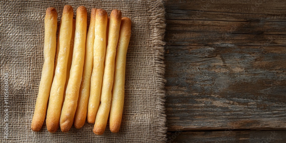 Poster bread sticks arranged on a rustic wooden table, showcasing the delightful appearance of bread sticks