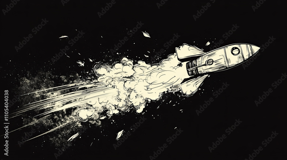 Poster abstract digital launching rocket with fire on dark background with white doodle elements. low poly 