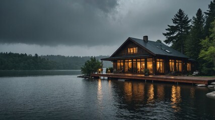 Lake house landscape under rainy weather