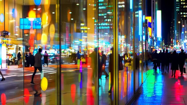 Reflections of unrecognizable pedestrians in glass shop window. Dense busy city environment, evening time square, American nightlife downtown setting. People walking in a crowded public space.