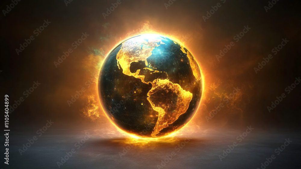 Poster planet earth burning surrounded by fire and smoke, with dramatic lighting effect, creating a powerfu