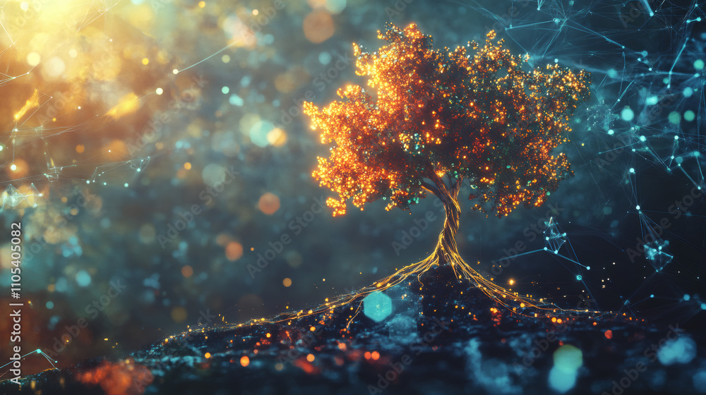 Poster The glowing golden tree of life in enchanted forest, connecting with digital network to represent the unity of nature and technology
