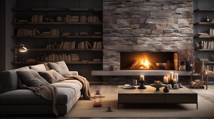 A stylish modern living room featuring a gray sofa and a cozy fireplace. Ideal for a warm and welcoming interior.