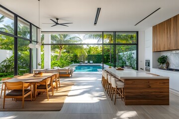 Naklejka premium Bright open kitchen with panoramic pool and garden views