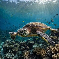 Obraz premium A sea turtle swimming through a coral reef shaped like human faces.